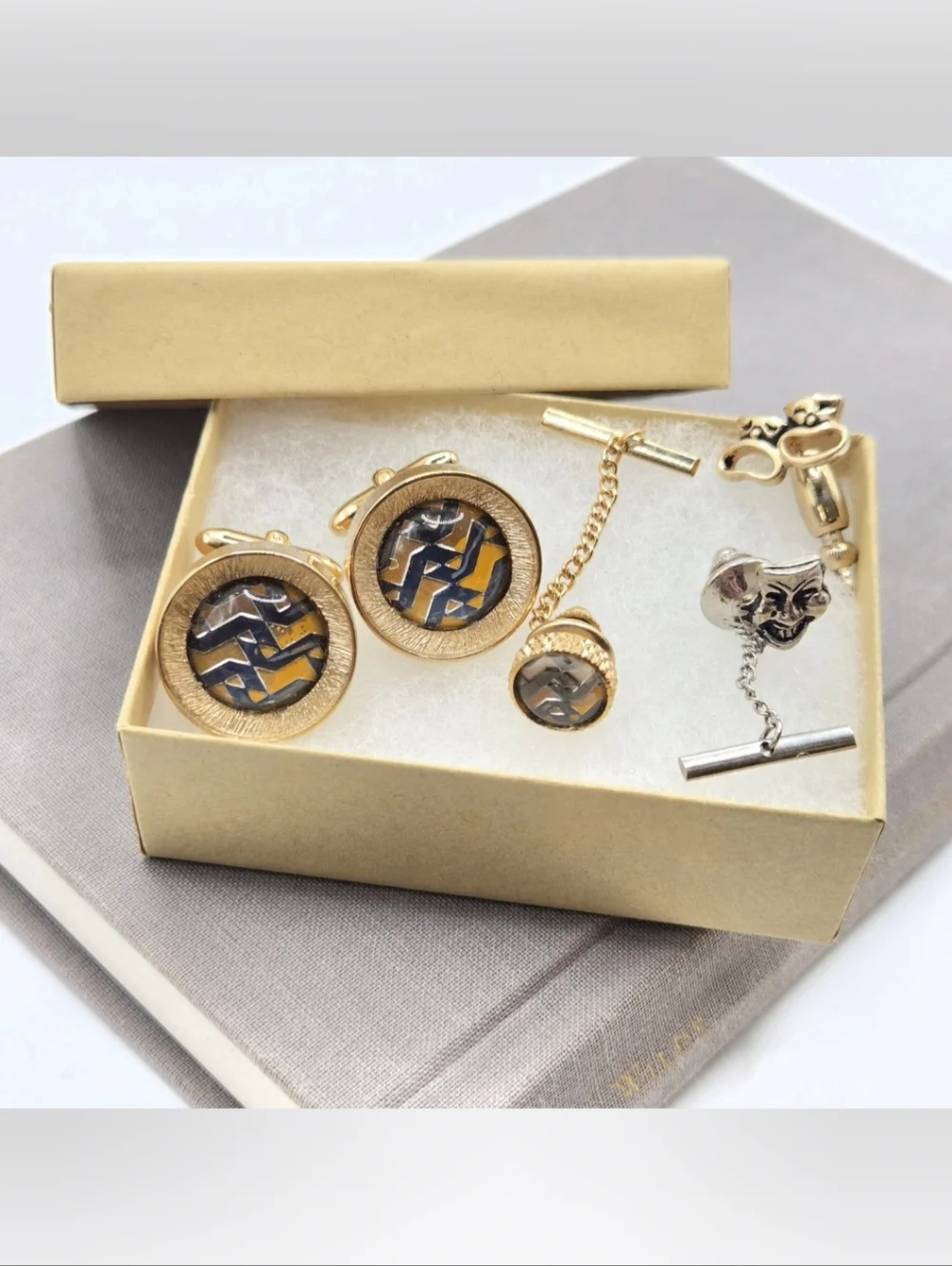 Vintage Gold Cufflinks Tie Tack Retro Elcectic Grandpa Mid Century Geometric
